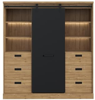 Forte KASZIMIRO Bücherregal 150, Bücherregal mit 1 Tür und 6 Schubladen, modernes Regal, Wohnzimmer, Büro, Holzwerkstoff, Waterford Eiche Holzdekor/Schwarz, 148,4 cm breit x 160,2 cm hoch x 52 cm tief