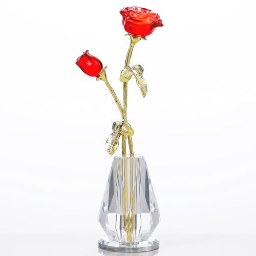 Arikyrist Crystal Red Rose Flowers Figurines Home Decor, Glass Red Roses with Stems, Crystal Glass Flowers Collectible Figurines Crystal Red Rose Gifts for Women on Mother's Day Valentine's Day
