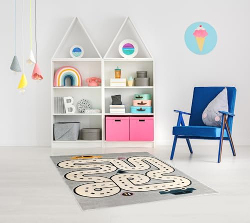 Rikmani Kinderzimmerteppich Kurzflor rechteckig Auto (Grau), 120 x 170 cm