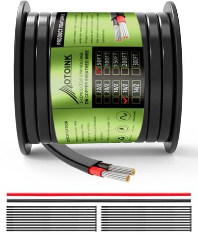 AOTOINK Cavo Elettrico 16/2 15,24M 2x1.3mm², Cavo Piatto 12/24V Calibro 16 Filo di Copertura per Tubo in Rame Stagnato per Autoveicoli, Illuminazione a LED, Barca