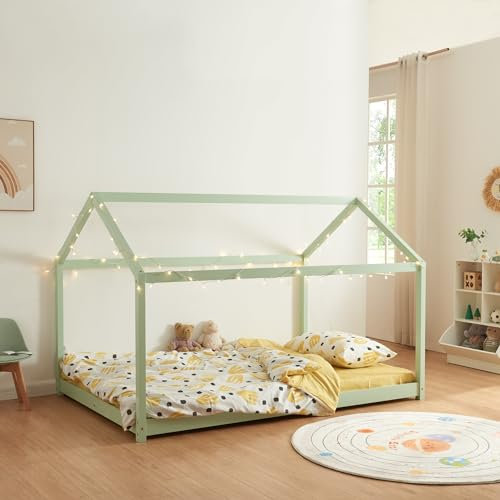 [en.casa] Letto per Cameretta a Forma di Casetta per Bambini e Adolescenti - Struttura in Legno di Pino - Stile Montessori - 140 x 200 cm - Menta Verde