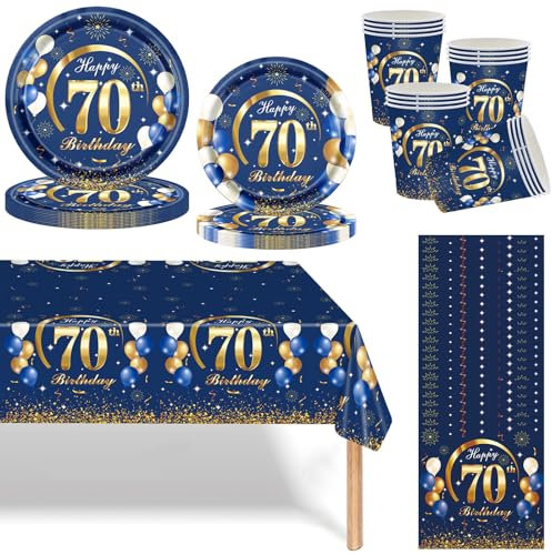 Navy Blue Gold 70th Birthday Party Tableware Set,69pcs 70th Birthday Dinnerware Navy Blue Party Paper Plates Cups Napkins and Tablecloth for Women Men 70 Years Old Birthday Gifts Party Supplies