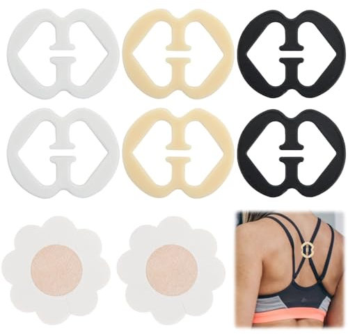 6 Pcs Bra Strap Clips Anti-Slip Bra Converter Racer Back Bra Clips to Hide Straps Holders with 2 Pcs Nipple Covers Petals Top Comfort Strap Retainers for Racer Back Tank Tops(Black, White, Skin Color)