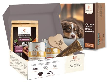 Wildfang® Wild Love Valp Startpaket – Hund Tuggset med blött nötköttsfoder & spannmålsfritt viltfoder, dovhjort hjorthorn, tuggben i läder som hundleksak