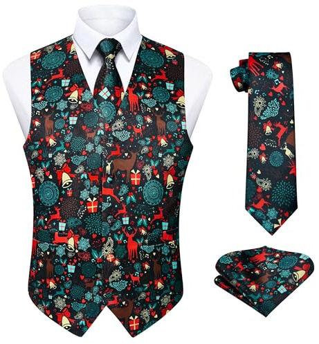 Enlision Herren Spaß Weste Weihnachten Festlich Happy Santa Claus Weihnachten Weste Krawatte Tasche Quadratisches Taschentuch Weste Anzug Set XS-4XL