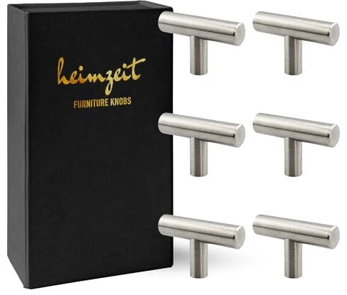 heimzeit Poignées de Placard pour Portes, Tiroirs et Commodes en Acier Inoxydable de Haute Qualité [6 Pièces, Design en T] Couleur: Argent, Boutons de Meuble avec Poignée à un trou et vis
