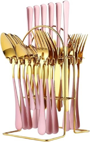 24 Pieces Flatware Set, Stainless Steel Cutlery Set with Silverware Holder Spoons Forks Knives, Utensils Set Service for 6 People, Silverware Set for Wedding Birthday Parties Restauroom (Goldpink)