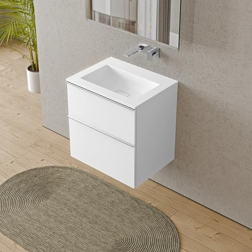 BERNSTEIN Badmöbel-Set Lavoa, Waschtisch-Unterschrank mit Waschbecken 80cm in Weiß matt - BRUXELLES - Weiß matt ohne Hahnloch - 2 Schubladen, Griffe in Chrom, 5 Jahre Garantie