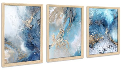 3Pcs Stampa su Tela Con Cornice Oceano Blu D'oro Quadri su tela Onde del Mare Astratte Quadri Moderni Poster da Parete Camera da Letto Soggiorno Decorazioni 90x40cm(12x16x3pcs) (Senza Plexiglass)