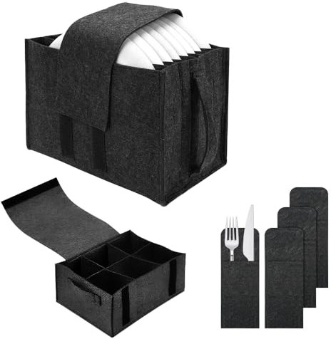 Caravan Plate Holder, 2pc Motorhome Kitchen Plate Cup Storage Box Camping Glass Mug Carrier with 4pc Knife Fork Organiser Bags, Dinnerware Tableware Storage Felt Bag with Handles For Campervan Boat