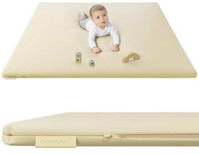COMOMY Veganes Leder Krabbelmatte Baby, 127x127x3 cm Krabbeldecke für Baby, Extra Dicke und Weiche Schaum Spielmatte Baby Kinder, Wasserdicht & Rutschfeste Baby Play Mat für Laufstall (Elfenbein)