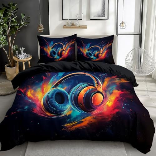 Quixora Bettwäsche Set Kopfhörer Im Fantasy-Realismus-Stil Thema, 135 x 200 cm Bettbezug Weiche Mikrofaser, Schwarz, Mit Reißverschluss und 80x80 cm 2 Kissenbezug