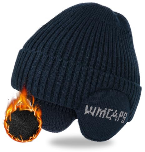 Wmcaps Wintermütze Herren mit Ohrenklappen, Warme Winter Mütze mit Ohrwärmer, Fleece Gefütterte Strickmützen Wollmütze für Männer Frauen, Geschenke für Freunde und Familie, Marineblau