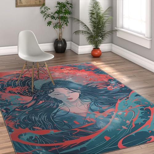 Via Vela Cartoon Anime Stil Teppich 120x180cm - Abstrakte Wellen Schöne Frau Maschinenwaschbar Rutschfester Flachflor Dünner Teppich für Esszimmer
