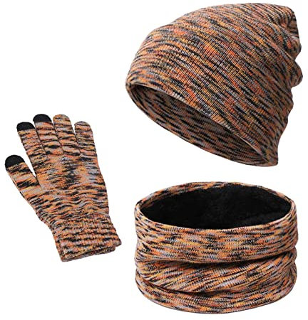 Damen & Herren Winter Warm Niedlich Wolle Mütze Schal Handschuhe Drei Winter Schnee Strickmütze Bildschirm Fäustlinge Schals Sets Mütze Handschuhe Set Damen, Orange, Einheitsgröße