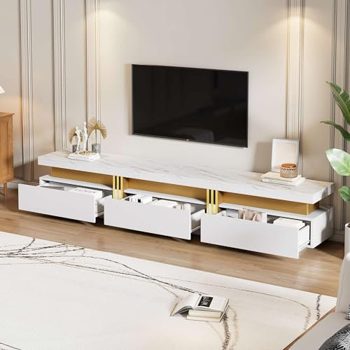 Armoire TV moderne 200 x 40 x 42 cm avec 3 tiroirs - Armoire basse de salon avec texture marbre pour téléviseur jusqu'à 90 (blanc)