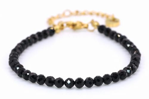 Echtes Schwarzer Turmalin Edelstein Armband mit facettierten 4mm Perlen - Länge verstellbar - Heilstein Schutzstein Edelsteinarmband Glücksbringer Talisman Geschenk (Schw. Turm., 16-21CM G)