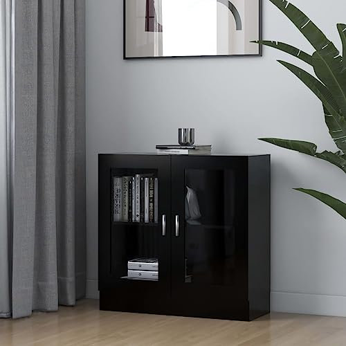 Myheimly Vitrinenschrank mit viel Stauraum, Beistellschrank für Schlafzimmer Wohnzimmer Büro, Büroschrank Schrank, Eichen-Optik Holzwerkstoff Schwarz 82,5x30,5x80 cm Holzwerkstoff