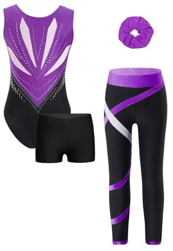 Loodgao Mädchen Ärmellos Turnanzug Streifen Gymnastik Trikot mit Kurze Hose und Lange Leggings Haargummi Eiskunstlauf Kleidung Set Dancewear Lila & Schwarz 146-152