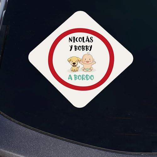 Wanapix | Adesivo Personalizzato per Auto | Adesivi Impermeabili in Vinile | Personalizzazione con Nomi | Rombo 15x13cm | Bambino e Cane