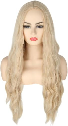 LeMarnia Beige Gelb Frauen lange Wellige lockige Hitzebeständige synthetische Perücke Halloween Alltag Party Kostüm Perücke