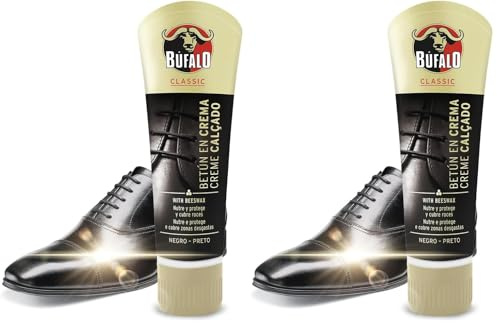 Búfalo Classic - Betún en Crema para Zapatos, Cuidado del Calzado, Crema Color Negro que Nutre, Protege y da Brillo, Óptimo para Pieles Lisas - Tubo de 50ml (Paquete de 2)