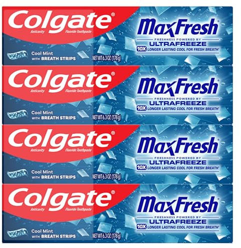 Colgate MaxFresh Cool Mint Toothpaste Pack, Fresh Breath Toothpaste with Fluoride and Hundreds of Mini Breath Strips, Leaves Mouth Feeling Refreshed for Hours, 4 Pack, 6.3 oz