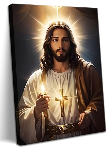 raiqtols Jesus Leinwand-Kunst, christliche Wanddekoration, inspirierender Kunstdruck von Jesus mit Kerze und Kreuz, religiöses Poster, Gemälde für Wohnzimmer, Kirche oder Gebetsraum, 40,6 x 61 cm