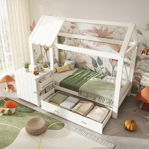 LAKFEW Bodenbett Kinderbett 90x200 cm mit Abnehmbarem Nachttisch, Hausbett Bett mit Stauraum Schubladen, Einzelbett Jugendbett mit Lattenrost, Kinderzimmer Möbel, Ohne Matratze, Weiß