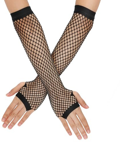 Netzhandschuhe Schwarz, Lange Fingerlose Fishnet Handschuhe Damen, Halloween Rock Netz Handschuhe Damen, Stretch Netzhandschuhe, für Szene Kleidung 80er-Jahre-Kostümparty Halloween Cosplay-Zubehör