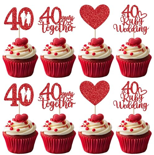 Xsstarmi 24 Pack 40 Ruby Wedding Cupcake Toppers Sweet Heart Glitter 40 Years Together Cupcake Picks for Happy 40th Wedding Anniversary Party Cake Decorations Supplies
