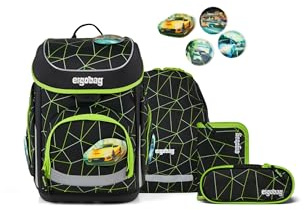 ergobag Schulranzen-Set cubo Set CyBär Race - Schwarz | Ergonomischer Schulranzen klassisch 5-teilig für die 1. Klasse der Grundschule