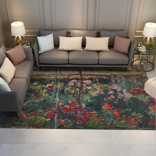 FEIPUHOME Art ländlich Blumen Teppich Pfingstrose Garten berühmt malerei Druck klein Teppich Wohnzimmer Eingang Veranda rutschfest waschbar innen 160x230cm