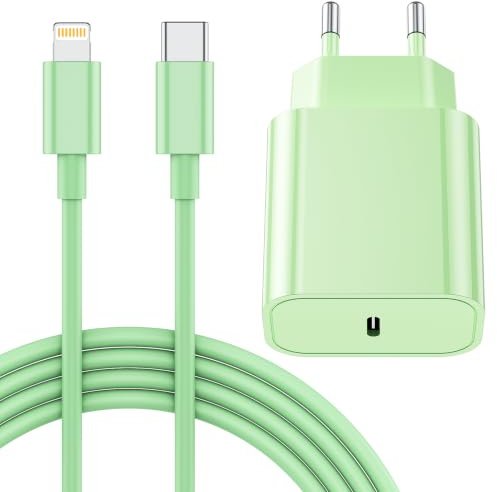 25W Cargador Carga Rapida for iPhone 14/14 Pro/14 Pro Max/14 Plus 13 12 11 SE XR X XS 8 7, USB C Carregador Enchufe Rapido Adaptador Charger Corriente con 2M Cable, Blanco,Verde Claro