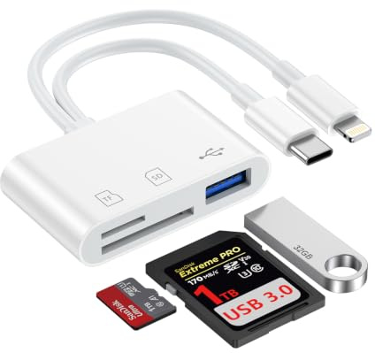SD Card Reader,Camera Adapter to iPhone/i Pad/MacBook,Android Phones/Camera | 3 in 2 Lightning & USB C Dual Connectors SD Card Reader Adapter with SD/TF/USB-A 3 Slots for iPhone 17/16/15/14,Plug&Play