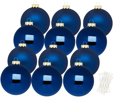 Inge Glas große Weihnachtskugeln mit Haken | Christbaumkugeln aus Glas | Set 12 Kugeln 8cm groß und 40 Aufhänger | Christbaumschmuck Weihnachtsbaumkugeln (Midnight Blue)