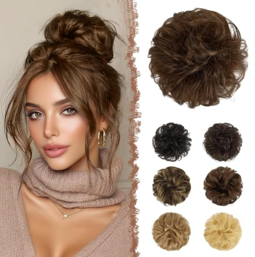 FESHFEN 100% Echthaar Haarteile Dutt Haargummi - Braun Rotbraun Haardutt Gummiband mit Haaren Wellig Bun Extensions Haarknoten Pferdeschwanz Haarverlängerungen Hochsteckfrisuren Haarteil für Damen