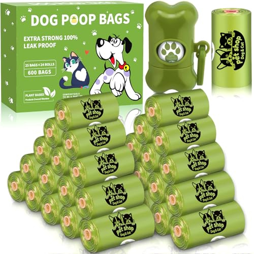 ZPQAODI Sacchetti per escrementi di cani 24 rotoli (600 sacchetti), compostabili, impermeabili, resistenti agli strappi, forti, per cani, con dispenser con leggero profumo di limone, verde