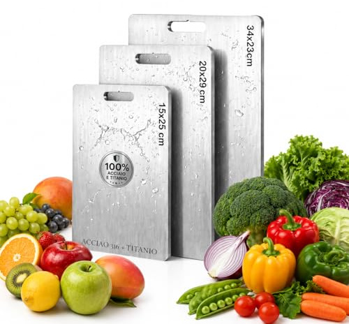 EQTECH Set 3 Taglieri in Acciaio Inox 316 e Titanio 34x23cm, 29x20 cm e 24x15 cm,Per Cucina