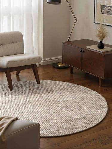 Elle Decoration Lyon - Wollteppich Beans Rund, Natürlich & Handgemacht, Wohnzimmerteppich Wolle im Skandi Loop Design, Melierter Naturteppich mit Perlenstruktur - Natur Creme Braun, Ø 200 cm