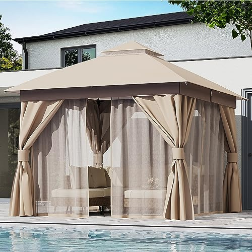 KamerOut Pavillon Semi-Permanente Outdoor-Pavillon 3x3 m, Robuster Partyzelt-Unterstand mit Doppeldach, Moskitonetzen und Sichtschutzwänden für Hinterhof, Garten, Grau (Khaki, 304.8 cm × 304.8 cm)