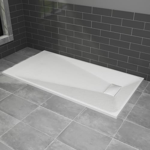 NRG 1600 x 800mm SMC Shower Tray, White Shower Base and Fast Flow Waste | Slate Effect, Non-Slip Gel Coat, Centre Side Waste, Easy Clean, for Bathroom