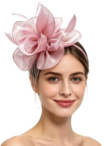 SAFERIN Chapeau bibi avec plumes et voile pour femme avec pince à cheveux pour cocktail église, Ta2-rose, M