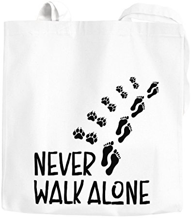 MoonWorks Jutebeutel Never walk alone Hund Pfoten Hundepfoten Pfotenabdrücke Hundebesitzer Baumwolltasche Stoffbeutel Tragetasche weiß 2 lange Henkel