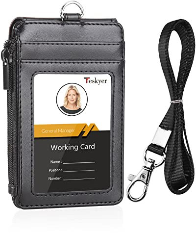 Teskyer Porta Tarjetas Identificativas, Cuero PU, con Bolsillo de Cremallera, Cordón de Nylon, 3 Ranuras Para Tarjetas, para la oficina, la escuela, las tarjetas de crédito, Negro