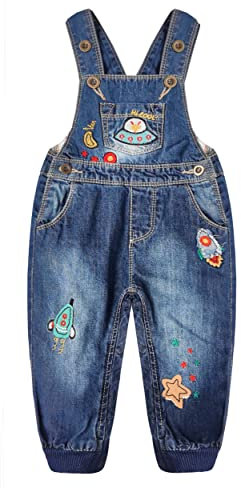 KIDKIDSCOOL SPACE Salopette di jeans ricamata per neonati, facile da cambiare pannolino con gambe a scatto, blu,12-18 mesi