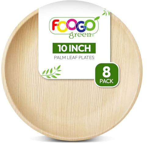 FOOGO Green 8 Platos Desechables de Hoja de Palma, 10 (25 cm) Grandes y Redondos, Compostables, Como Platos de Madera, Platos de Papel, para Comida Caliente, Bodas y Platos para Picnics y Fiestas.