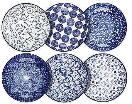 Selamica 750 ml Pastateller, Salatschüssel 6er Set, Porzellan Suppenteller, Tiefe Teller, Mikrowellen- und Spülmaschinengeeignet, Stabil und Stapelbar, Vintage Blau