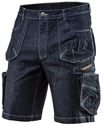 NEO TOOLS Herren Denim Kurze Arbeithose Denim Gr. XS-3XL, oder Set | Mit Warme Fleecejacke, Verstärkte Nähte, Handwerkshose, Cargo-Optik