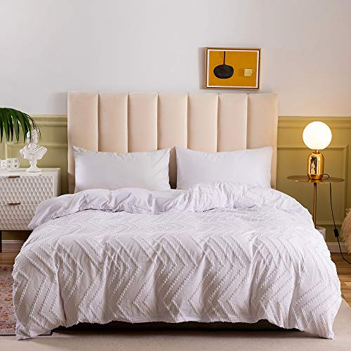 Tufted Chenille Bedding Set Clipped Jacquard Wave Stripes Comforter Cover Double Size Luxury Solid White Geometric Duvet Cover Set For Kids Teens Women Men Bedroom Decor,Soft, Zipper Closure Boys